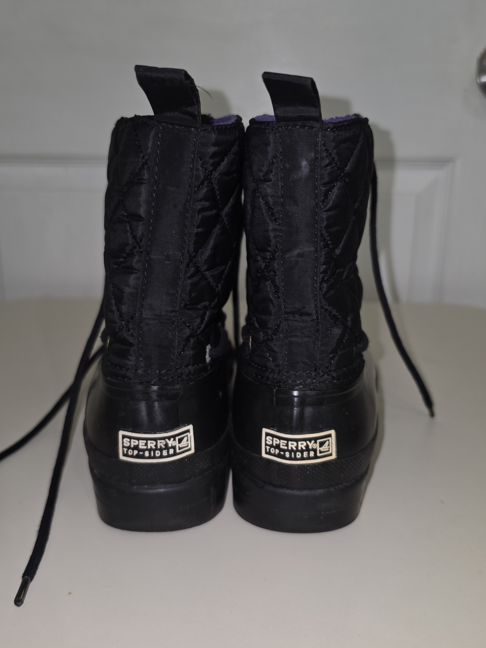 Sperry Black Quilted Lace-Up Winter Duck Boots with Purple Lining - Picture 6 of 10
